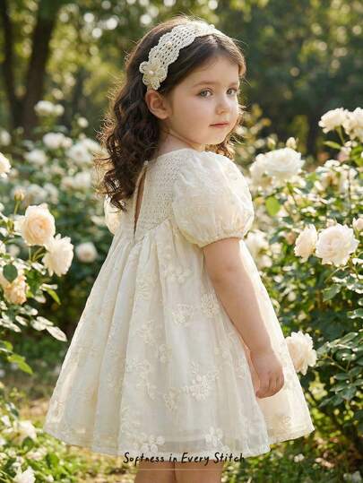 Cozy Pixies Baby Girl Solid Color Jacquard Knit Round Neck Petal Sleeve Cinched Waist Dress, Versatile & Comfortable