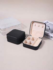 1PC Black Minimalist PU Leather Portable Jewelry Box For Women Rings Necklace Earrings Bracelet Travel Storage Organizer - A - View 4