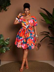 Maweii Plus Size Sexy Square Neck Ditsy Floral Vacation Style Petal Sleeve Dress - Orange - View 3