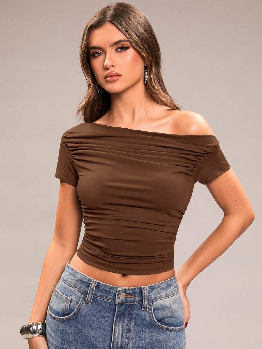 SHEIN BAE Women's Elegant Solid Color Asymmetric Neck Ruched Fitted Cropped T-Shirt, Summer,Summer Top - Brown - View 1