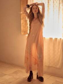 MOTF STUDIO WOMEN'S PLEATED CHIFFON SEQUIN EMBROIDERED ASYMMETRIC HEM CAMISOLE DRESS - Orange - View 5