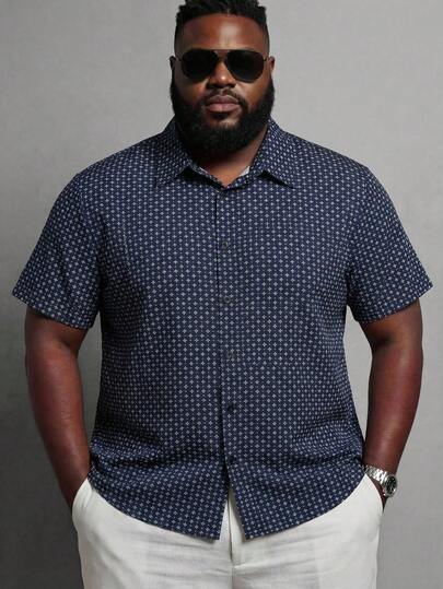 Manfinity Plus Size Men's Geometric Print Short Sleeve Casual Loose Shirt, Summer, Basic Work Collar Shirt