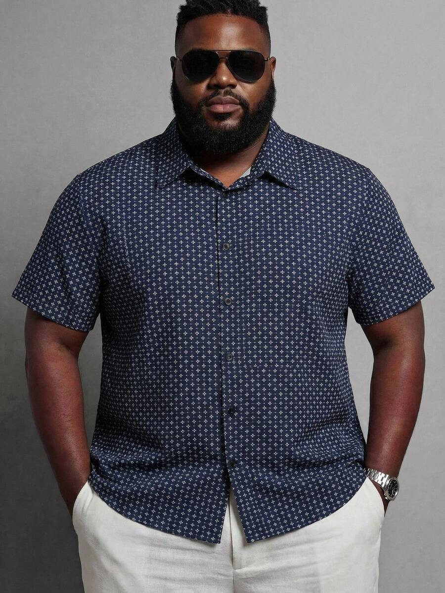 KRYTIVO 大码男士几何印花短袖休闲宽松衬衫，夏季，基本款工作领衬衫 - 寶藍色 - 查看 1