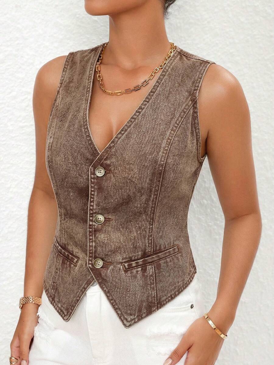 SHEIN Essnce Áo khoác denim nữ không tay, chất liệu denim mài, kiểu dáng thường ngày, có cúc phía trước, thích hợp cho mùa hè. - Cà phê nâu - Xem 1