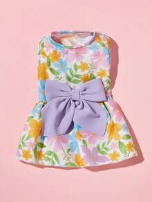 PETSIN 1pc Colorful Small Flowers And Red And Yellow Chrysanthemums With Bow Print Pet Dress, Gentle And Breathable Summer Vacation Style Sleeveless Pet Clothing - Multicolor - View 7