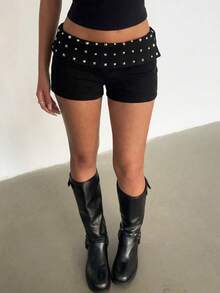 Aloruh Women's Summer Street Rivet Decor Folding Waist Denim Shorts - Black - View 5