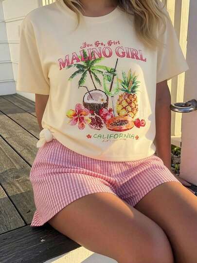 Summer Teen Girl Summer Casual Fruit Print Short Sleeve T-Shirt And Plaid Shorts Set Squishy Set Shorts