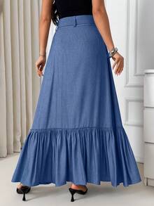 EURMUSE Jupe fendue à taille haute avec volants, ceinture à boucle métallique, style mode décontracté pour les vacances et les trajets quotidiens - Bleu marine - Voir 3