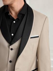Officeau Bộ vest nam SuitGent 3 món chất lượng cao, màu trơn, thích hợp cho chú rể trong đám cưới, kiểu dáng ôm sát, gồm áo khoác và quần tây, thích hợp cho mùa xuân. - Màu be - Xem 11