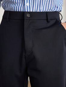 Business Casual Stretch Trousers, With Crown Embroidery, Elastic & Skin-Friendly Fabric, Breathable For Summer - Navy Blue - View 7