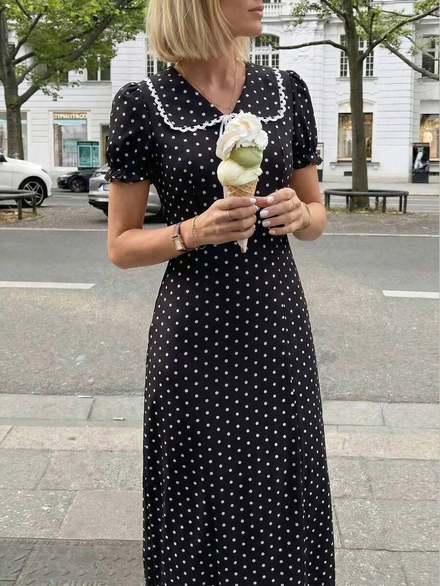 Pariaura Đầm maxi chấm bi đen trắng mới về năm 2026 dành cho nữ, cổ búp bê dễ thương với dây buộc nơ, tay áo ngắn phồng, viền ruy băng lượn sóng, phong cách thường ngày đi làm và đi nghỉ mát. - Đen và trắng - Xem 1