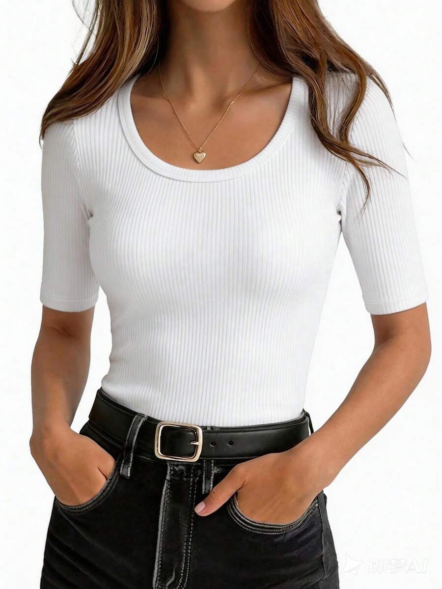 EMERY ROSE Women's Casual Solid Color Short Sleeve T-Shirt, Versatile For Summer - White - View 1