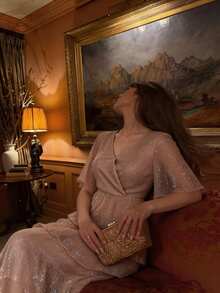 DAZY Elegant V-Neck Dress With Criss-Cross Design For Women - Gold - View 3