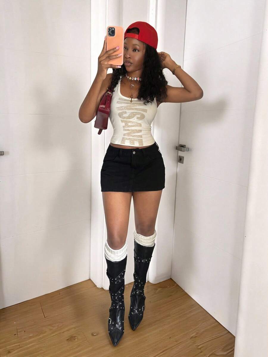 StreetHx Chân váy denim ngắn nữ kiểu dáng thường ngày, có sọc bên hông, dệt kim và thắt lưng. - màu đen - Xem 1