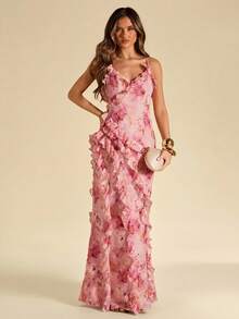 SHEIN BAE Vestido de sirena con cuello en V de jacquard floral, volantes en el bajo, vestido floral, vestido de cita, vestido de boda, primavera/verano - Rosa - Ver 8