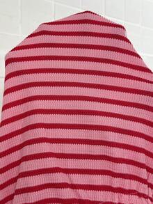 SHEIN 2件套孕妇休闲条纹纽扣前开襟T恤和短裤套装，夏季 - 紅色 - 查看 4