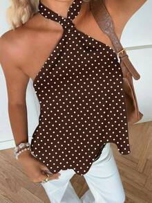 SHEIN EZwear Áo kiểu retro thoải mái, in họa tiết chấm bi khắp thân áo, thích hợp cho mùa xuân/hè, kỳ nghỉ, tiệc retro. - Nhiều màu - Xem 5