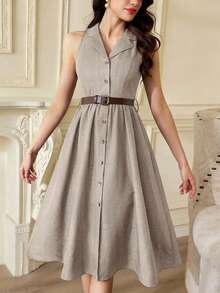 Vintamour Vintage Retro Elegant Women's Grey Autumn Office Shirt Dress With Pockets And Belt,Business Casual Wedding Guest Vacation Spring Summer Sun Dresses - Khaki - View 5