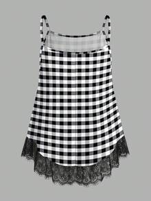 SHEIN EZwear 2件組休閒度假風黑白格紋印花大尺碼女款細肩帶背心上衣，適合夏季、海灘、音樂節 - 彩色 - 查看 5