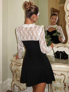 Glamine Charm Đầm ngắn dáng chữ A tay dài khoét rỗng, phối ren, thanh lịch, thích hợp cho tiệc tùng, mặc hàng ngày và các dịp buổi tối. - Đen và trắng - Xem 2