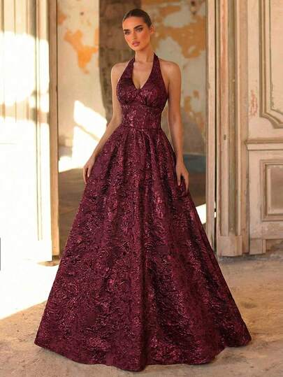 Glamrae Elegante y lujoso vestido de satén jacquard con escote en V halter, cintura alta y falda larga tipo A, con cintura ajustable. Estilo minimalista y elegante, adecuado para citas, vacaciones, fiestas de solteros, regreso a clases, festivales de música, bodas y todas las ocasiones formales. Vestido de noche para mujer.