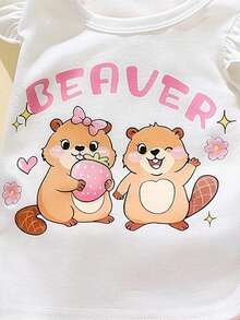 SHEIN Playful Pals Bộ 2 món cho bé gái sơ sinh/trẻ nhỏ 0-3 tuổi, mùa xuân hè, kiểu dáng thường ngày dễ thương, họa tiết mèo hoạt hình ăn dưa hấu, áo thun tay ngắn và quần short màu hồng hình trái tim. - Hồng - Xem 5