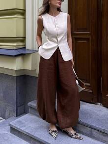 Siren Gaze 女士纯色单排扣马甲和裤子休闲套装 - 棕色 - 查看 1