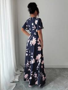 Elenzga Đầm nữ cổ tròn tay bèo nhún, eo thắt eo, in họa tiết kỹ thuật số thanh lịch, lãng mạn - Nhiều màu - Xem 2