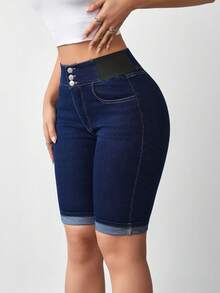 Flexra Women's Solid Color Elastic Slant Pocket Casual Skinny Denim Shorts - Dark Wash - View 4