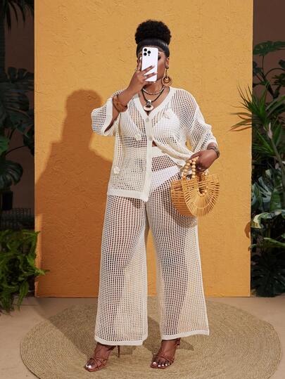 Maweii Women's Casual Simple Elegant Romantic Daily Commuting Slimming See-Through, White Two-Piece Short-Sleeved Cardigan Dolman Pantsuit 3D Flower Design Fashionable Vacation Seaside Beach New V-Neck Sleeveless Shoulderless Hand-Painted Peach-Colored Cardigan And Elastic-Waist Straight-Leg Pants Plus Sizes Set, Spring Summer