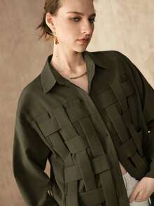 Arave Camisa casual recta de mujer con cuello de camisa, manga larga tipo raglan y media cartera, de tela tejida lisa - Verde militar - Ver 6