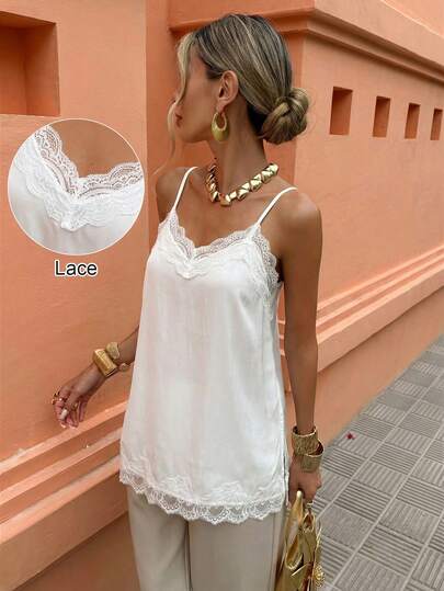 Selianne Women's Urban Casual Lace Slit Hem Patchwork Solid Color Short Camisole Top