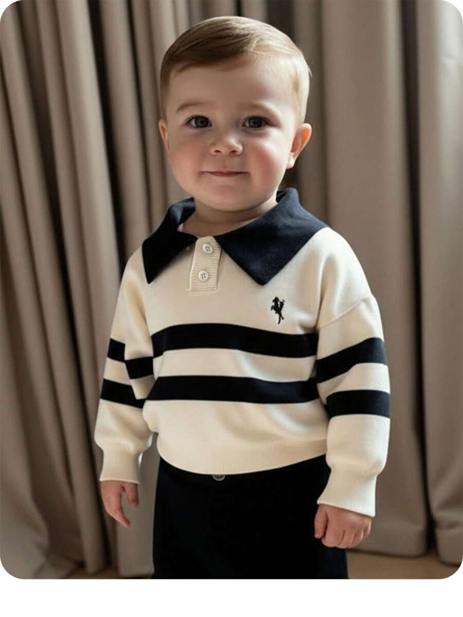 Suéter casual de bebé niño con cuello de parche, hombros caídos y media cremallera con rayas de contraste - Albaricoque - Ver 1