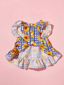 PETSIN 1件宠物通用蓝色格子向日葵印花短袖可爱狗狗连衣裙 - 彩色 - 查看 11