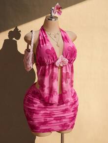 SHEIN ICON Ensemble top à col ras-du-cou et jupe plissée à imprimé floral pour femmes grandes tailles - Rose bonbon - Voir 4