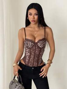 SHEIN PETITE Áo liền thân ren họa tiết da báo, kiểu corset, gợi cảm, thích hợp cho kỳ nghỉ, tiệc tùng, hẹn hò, ngày Valentine, tiệc trà chiều. - màu nâu - Xem 1