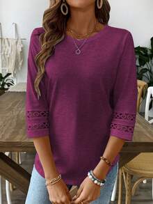 EMERY ROSE Women Solid Color Casual Crew Neck Hollow Out Sleeve Tee Graphic Tees Women Tops - Burgundy - View 5