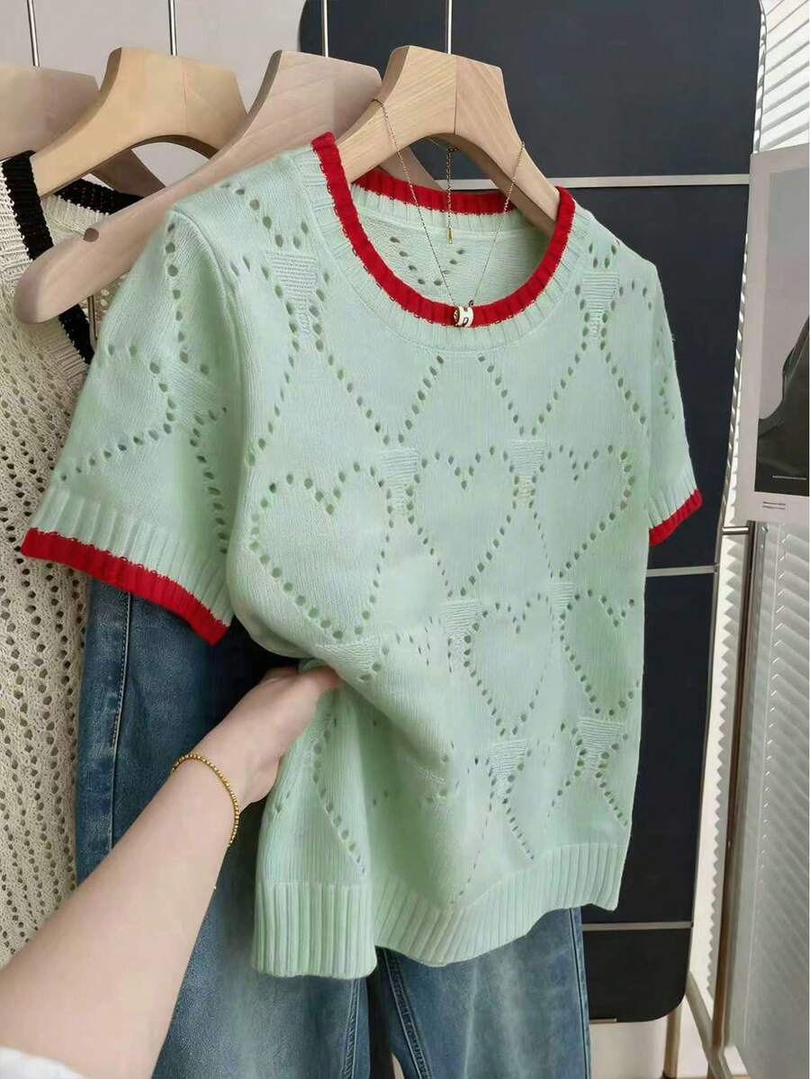 SHEIN Franclia Áo len nữ màu be dáng rộng, cổ tròn, tay ngắn, họa tiết trái tim khoét rỗng, viền tương phản, thích hợp mặc mùa xuân/hè. Áo len tay ngắn nữ, mẫu mới nhất, áo kiểu thường ngày thanh lịch. - màu xanh lá - Xem 1