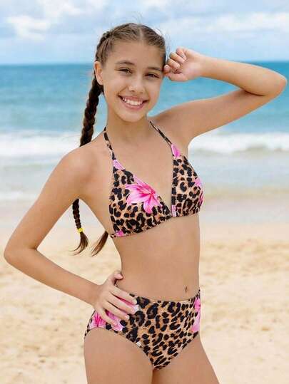 SHEIN Teen Girls Leopard Lily Knit Halter Bikini Set, Fashionable Casual Elegant Swimsuit For Swimming, Beach, Pool, Summer Vacation, Holiday