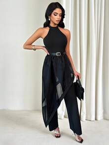 SHEIN LUNE 1 Bộ đồ nữ gồm áo dài cổ yếm thắt nơ, vạt áo bất đối xứng và quần dài ống đứng. - màu đen - Xem 1