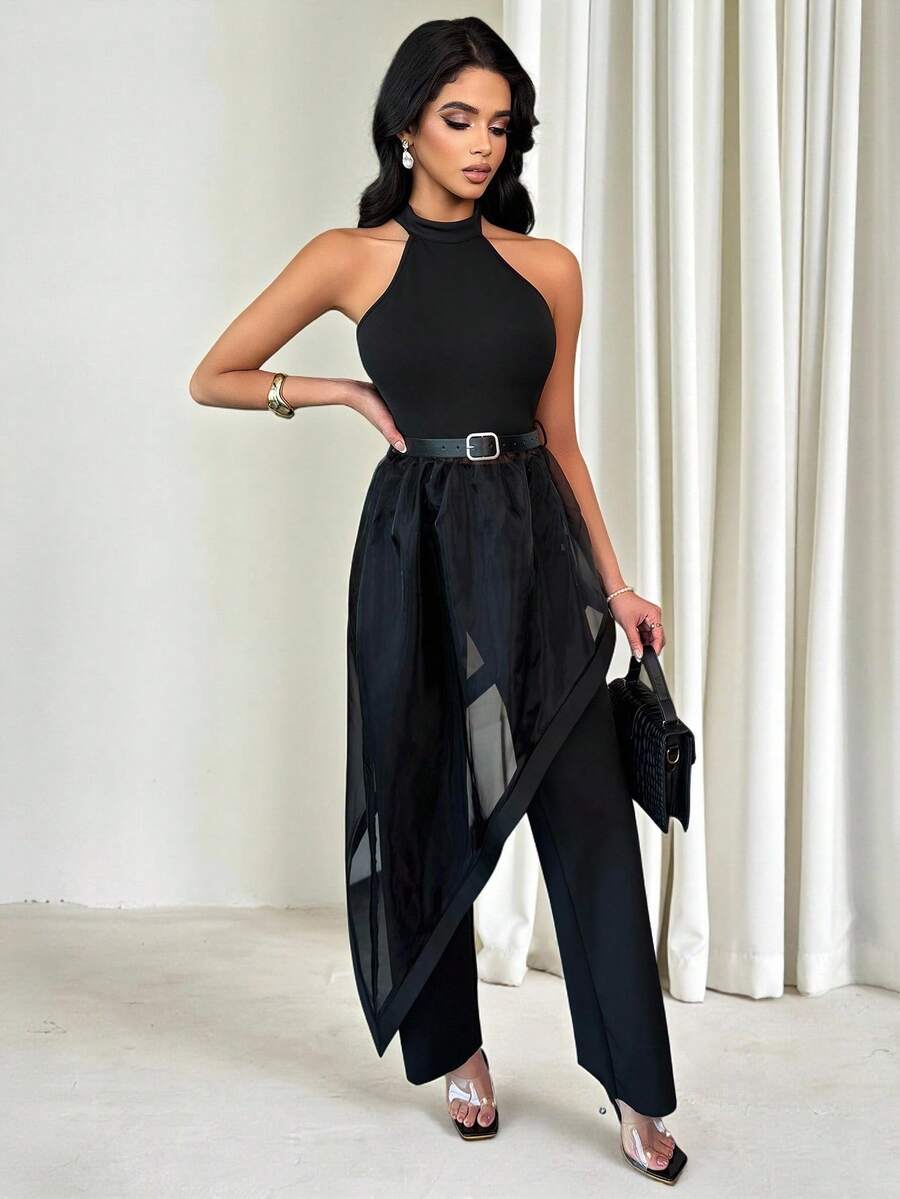 SHEIN LUNE 1 Bộ đồ nữ gồm áo dài cổ yếm thắt nơ, vạt áo bất đối xứng và quần dài ống đứng. - màu đen - Xem 1