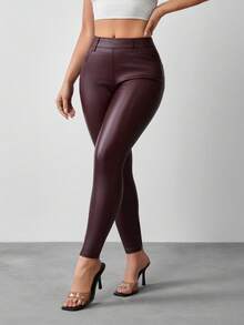 Jeanoix Women's Wine Red Coated Casual Elastic Fitted All-Match Leggings - Burgundy - View 4