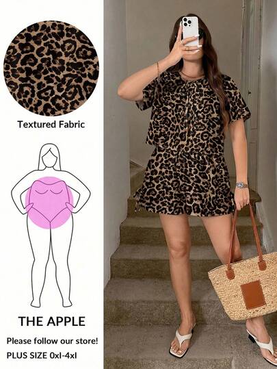 SHEIN LUNE Conjunto de 2 piezas de camisa y pantalones cortos de estampado de leopardo casual de talla grande para verano