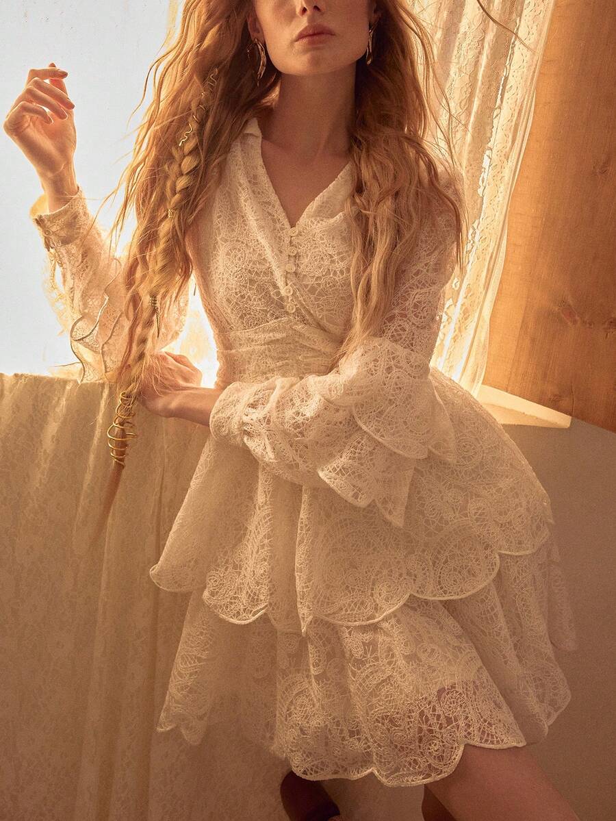 MOTF STUDIO WOMEN'S LACE LAYERED EMBROIDERED RUFFLE HEM MINI DRESS - Apricot - View 1