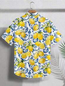 VIVINTIMO Men's Lemon Fruit Allover Print Casual Shirt,European Printed Pattern,White And Blue Floral,Summer,Boho,Holiday,Vacation,Holiday,Fresh Comfortable - Multicolor - View 2