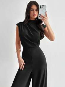 Firerie 女士优雅简约时尚通勤都市现代新款褶皱小立领短袖高腰阔腿连体裤，杏色 - 黑色 - 查看 4