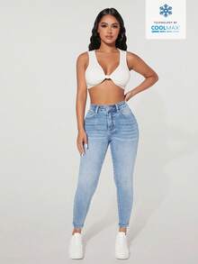 SHEIN PETITE Women's Fashionable Washed Skinny Jeans - Blue - View 3