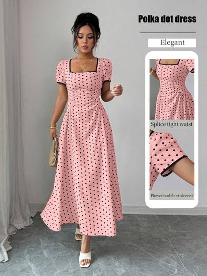 Rafferiza Đầm maxi nữ mùa xuân/hè dáng suông, cổ vuông, tay ngắn, phối nhiều mảnh vải, eo nhún, vạt xòe, họa tiết chấm bi đen và mơ, thích hợp cho đi học/nghỉ hè/du lịch/tụ họp gia đình/lễ tốt nghiệp/tiệc khiêu vũ/lễ hội âm nhạc.