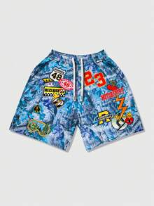 ROMWE MEN Street Life Men's Street Fashion All-Over Print Drawstring Waist Shorts, Suitable For Spring/Summer Everyday Wear - Multicolor - View 5