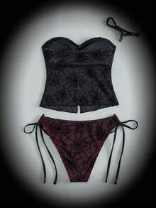 ROMWE Bộ bikini hai mảnh phong cách Gothic dành cho nữ, màu đen và đỏ, họa tiết mạng nhện lưới nhung kết hợp mặt dây chuyền hình nhện, gồm áo quây và quần bơi buộc dây bên hông (dây đeo có thể tháo rời), màu đen/đỏ/đỏ tía, hoàn hảo cho các lễ hội, tiệc tùng, kỳ nghỉ và kỳ nghỉ xuân. Áo tắm tankini phong cách Gothic. Bộ áo tắm tankini dự tiệc lễ hội. Bộ đồ bơi phong cách Gothic Punk. - Nhiều màu - Xem 7